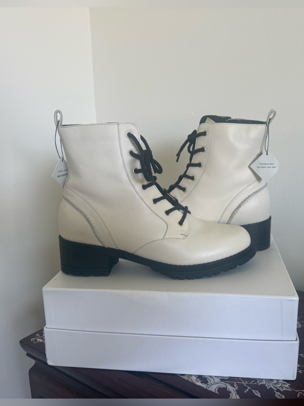 Cole Haan White Lace-Up Ankle Boots with Black Sole